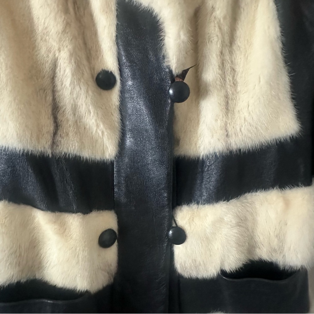 Vintage Real Fur & Leather Coat Black Cream Striped Statement Coat Women’s Small - Picture 4 of 11